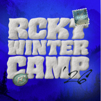 Text 'RCKT WINTER CAMP' with logos on a blue snowy background